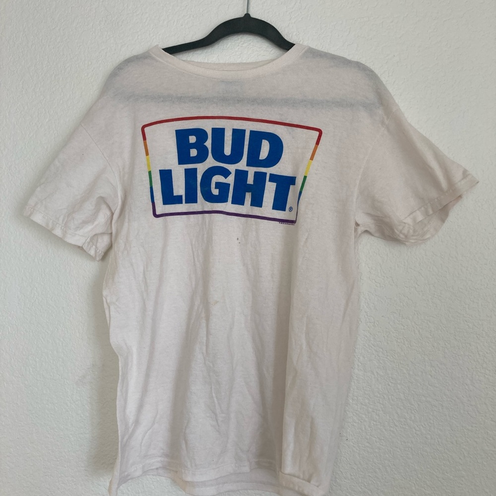 Small budlight beer white rainbow T-shirt womens